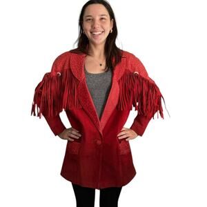 Vintage 1980s Avanti Red Suede Western Fringe Frontier Leather Coat medium